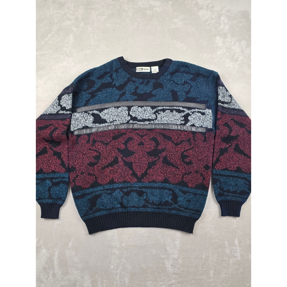 Vintage Urban Works Crewneck Sweater Mens‎ L Blue Red Abstract Leather Trim
